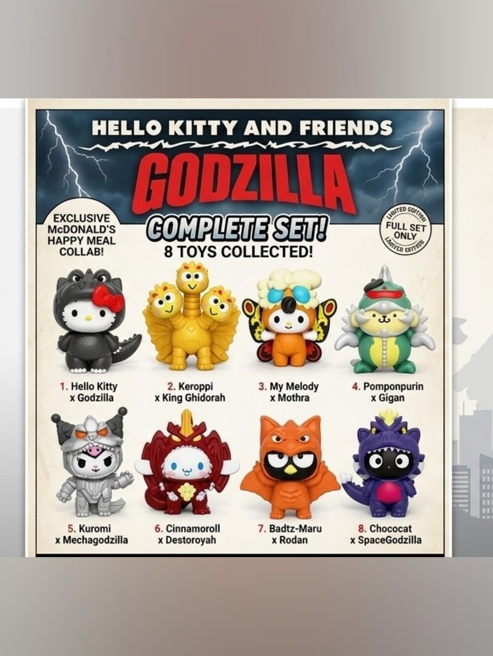 Hello Kitty Godzilla Sanrio X McDonald's Complete Set!!